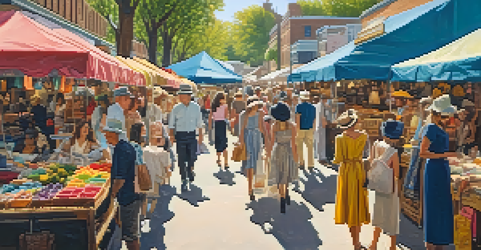 A lively vintage market with vendors and shoppers exploring unique clothing and accessories under colorful canopies.