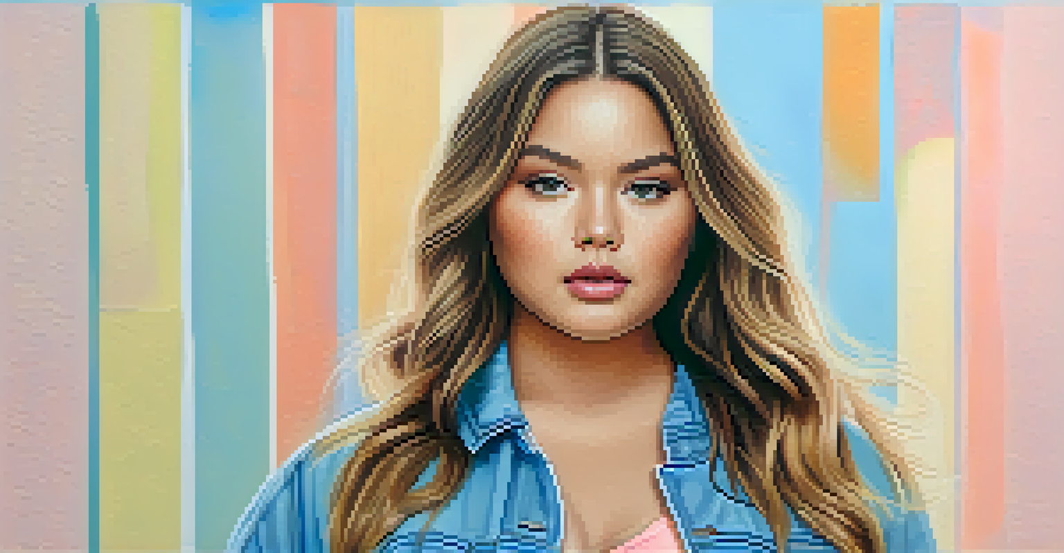 A close-up of a confident model showcasing diverse clothing styles promoting body positivity in a softly lit environment.