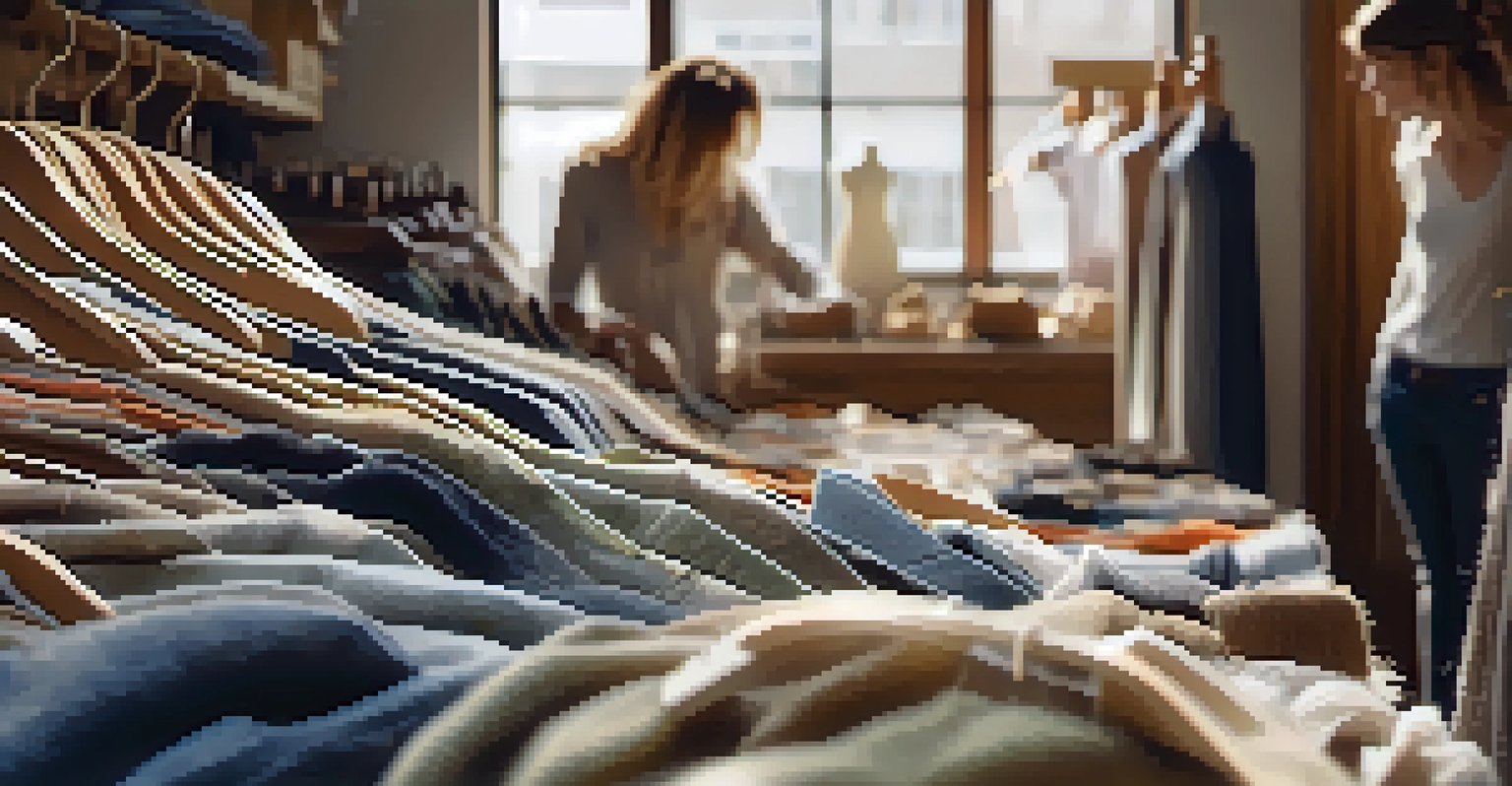 Close-up of hands sorting through eco-friendly fashion garments in a warm boutique, highlighting sustainable materials.
