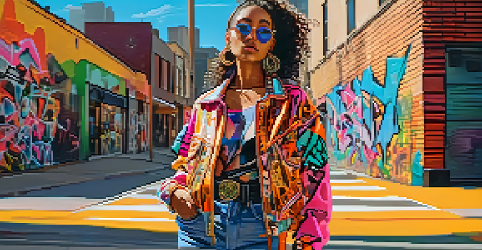 A fashion influencer posing in an urban environment, showcasing a colorful outfit and trendy boutiques.