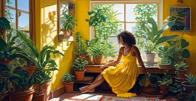A woman in a bright yellow dress smiles at herself in a mirror, surrounded by plants in a sunlit room, representing confidence and self-expression.