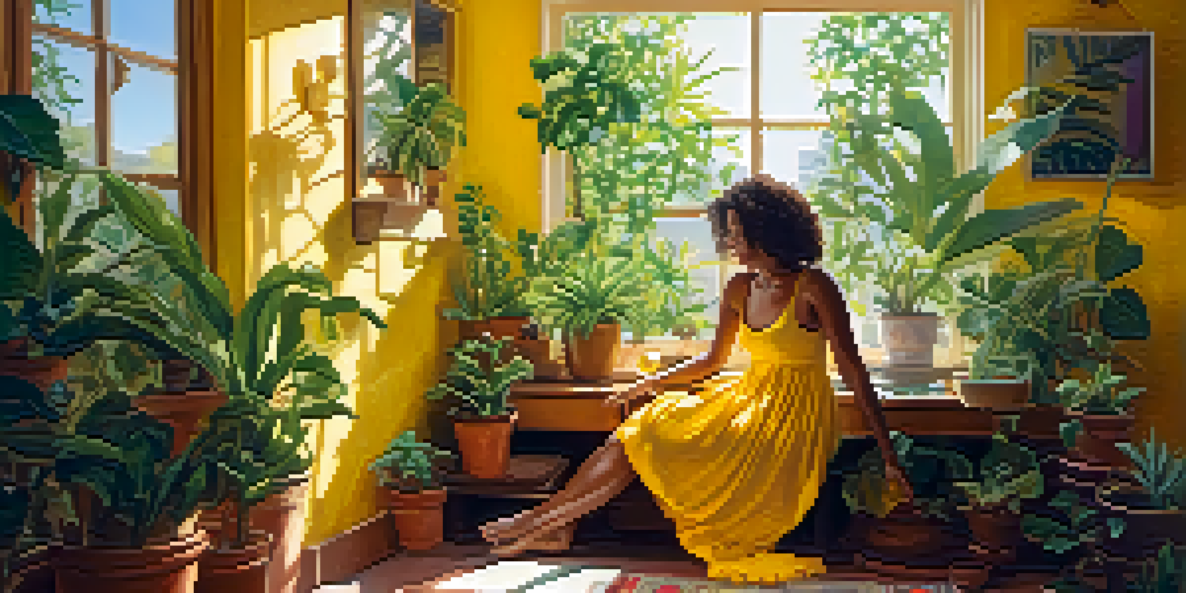 A woman in a bright yellow dress smiles at herself in a mirror, surrounded by plants in a sunlit room, representing confidence and self-expression.