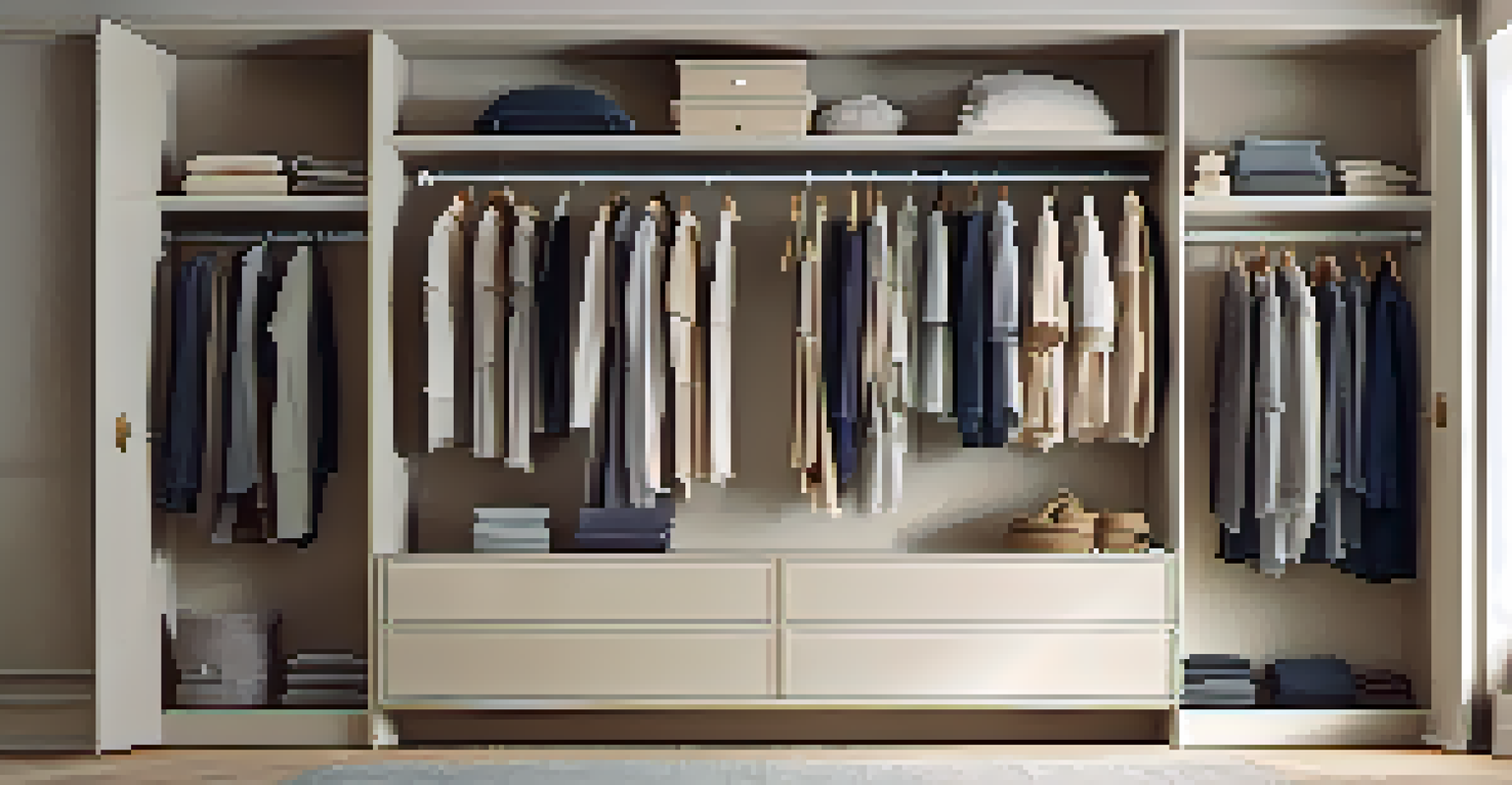 A minimalist wardrobe showcasing a few eco-friendly garments in a well-organized closet with natural light.