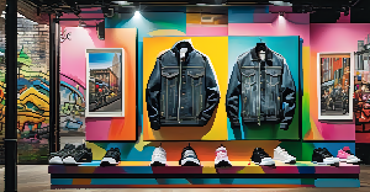 An urban-themed fashion display with a cityscape backdrop, featuring trendy clothing and vibrant street art.