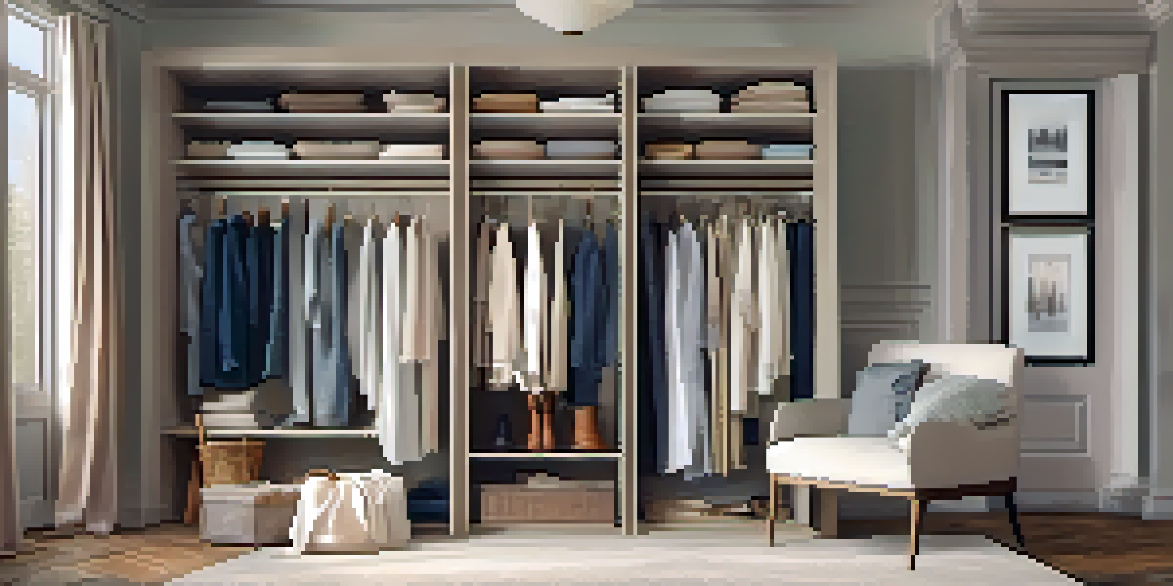 A neatly organized wardrobe showcasing timeless fashion basics with soft lighting.