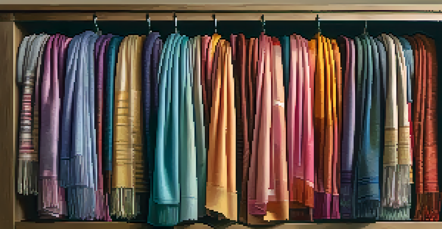 A close-up of a hand choosing a colorful scarf from a wardrobe filled with textured fabrics in various colors.