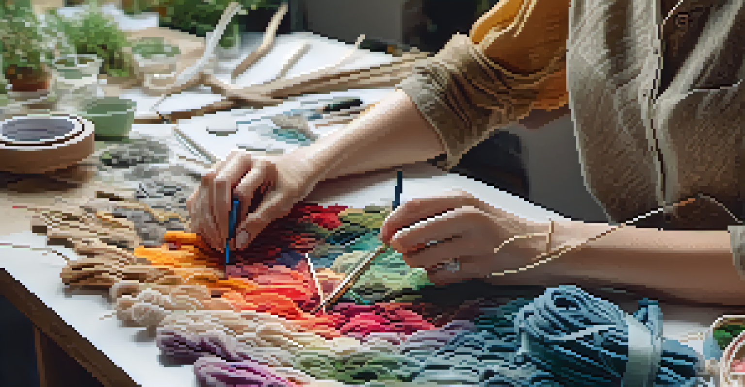 A designer's hands working with colorful organic fabrics in a studio filled with plants, showcasing the textures and tools of sustainable fashion design.