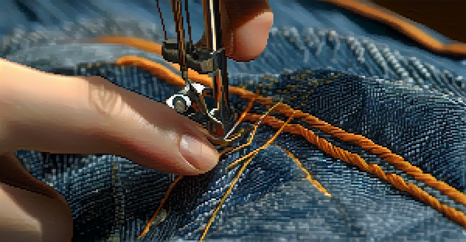 Close-up of hands sewing a patch onto a denim jacket, showcasing detailed craftsmanship.