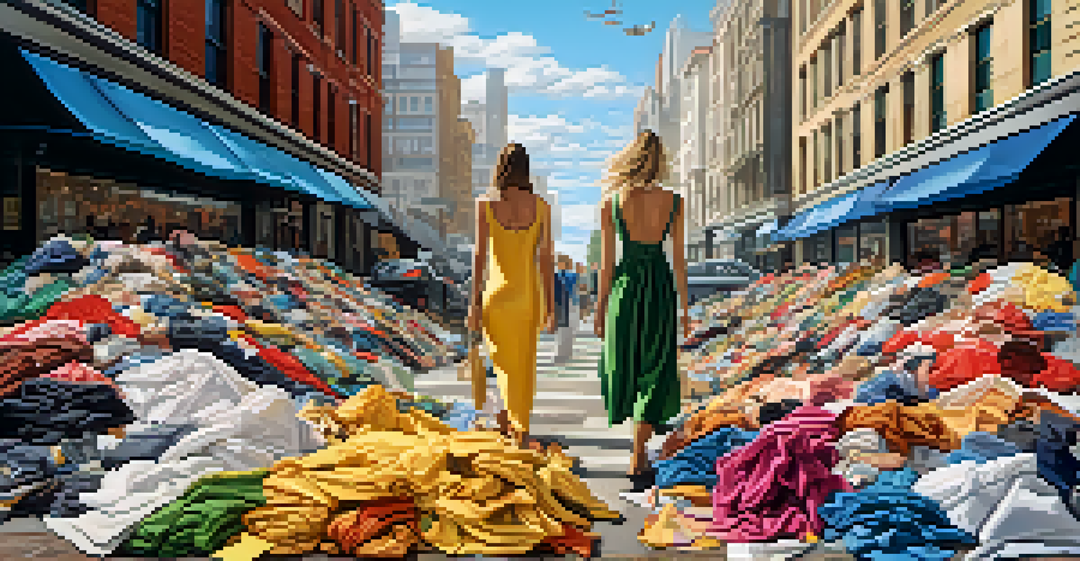 A split scene showing a busy shopping street with trendy stores on one side and overflowing landfills filled with discarded clothing on the other.