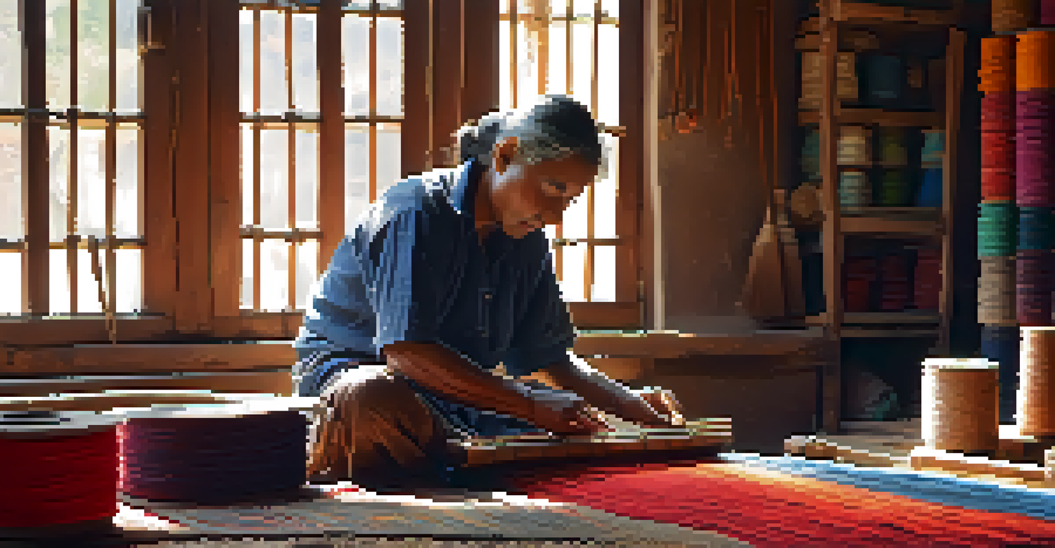 An artisan creating a traditional textile in a sunlit workshop filled with spools of thread and vibrant dyes.