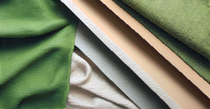 A close-up view of various eco-friendly fashion materials, including organic cotton and mushroom leather, displayed on a wooden surface with green plants in the background.