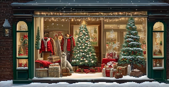 A winter-themed window display with cozy clothing, warm lighting, and nostalgic holiday props.
