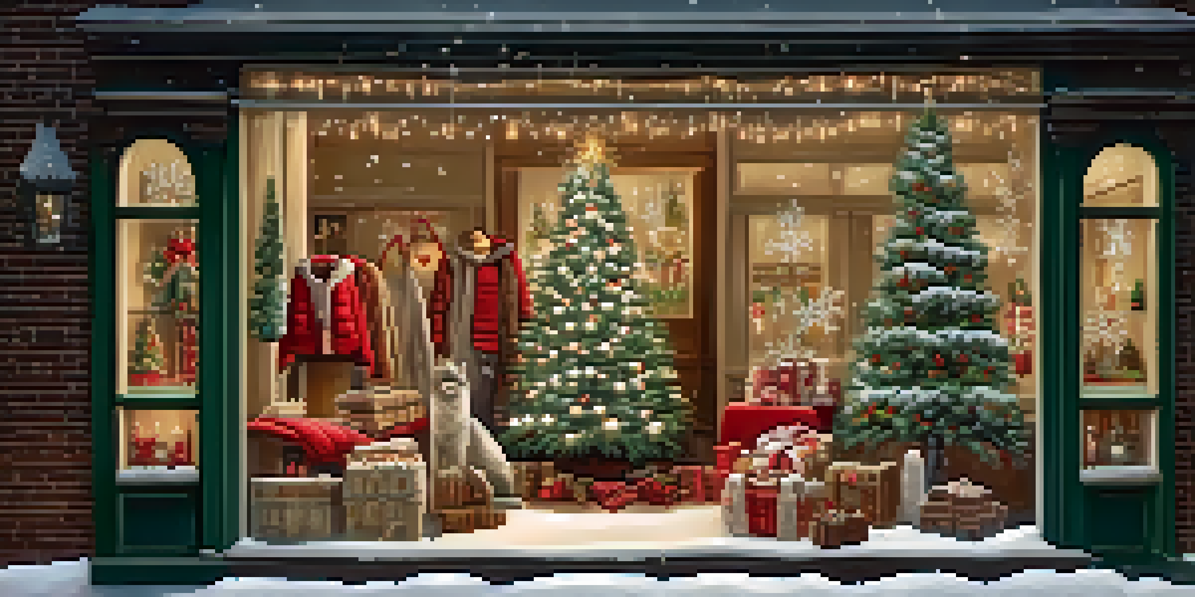 A winter-themed window display with cozy clothing, warm lighting, and nostalgic holiday props.