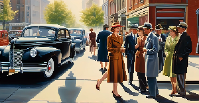 A lively 1940s street scene featuring women dressed in practical utility clothing, surrounded by vintage cars and shops, illuminated by soft sunlight.