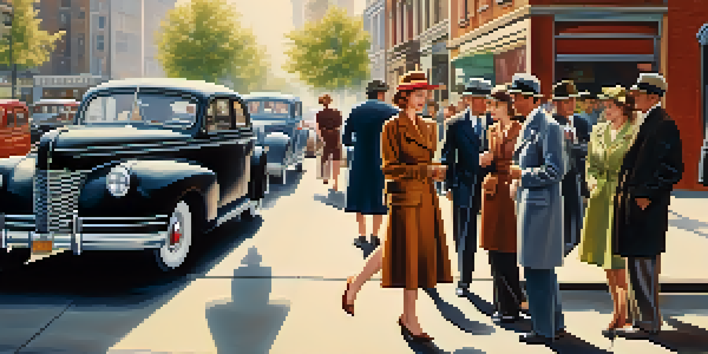 A lively 1940s street scene featuring women dressed in practical utility clothing, surrounded by vintage cars and shops, illuminated by soft sunlight.