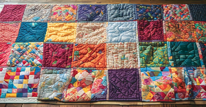 A colorful patchwork quilt made from upcycled fabric pieces, displayed on a wooden table with natural light illuminating its textures.