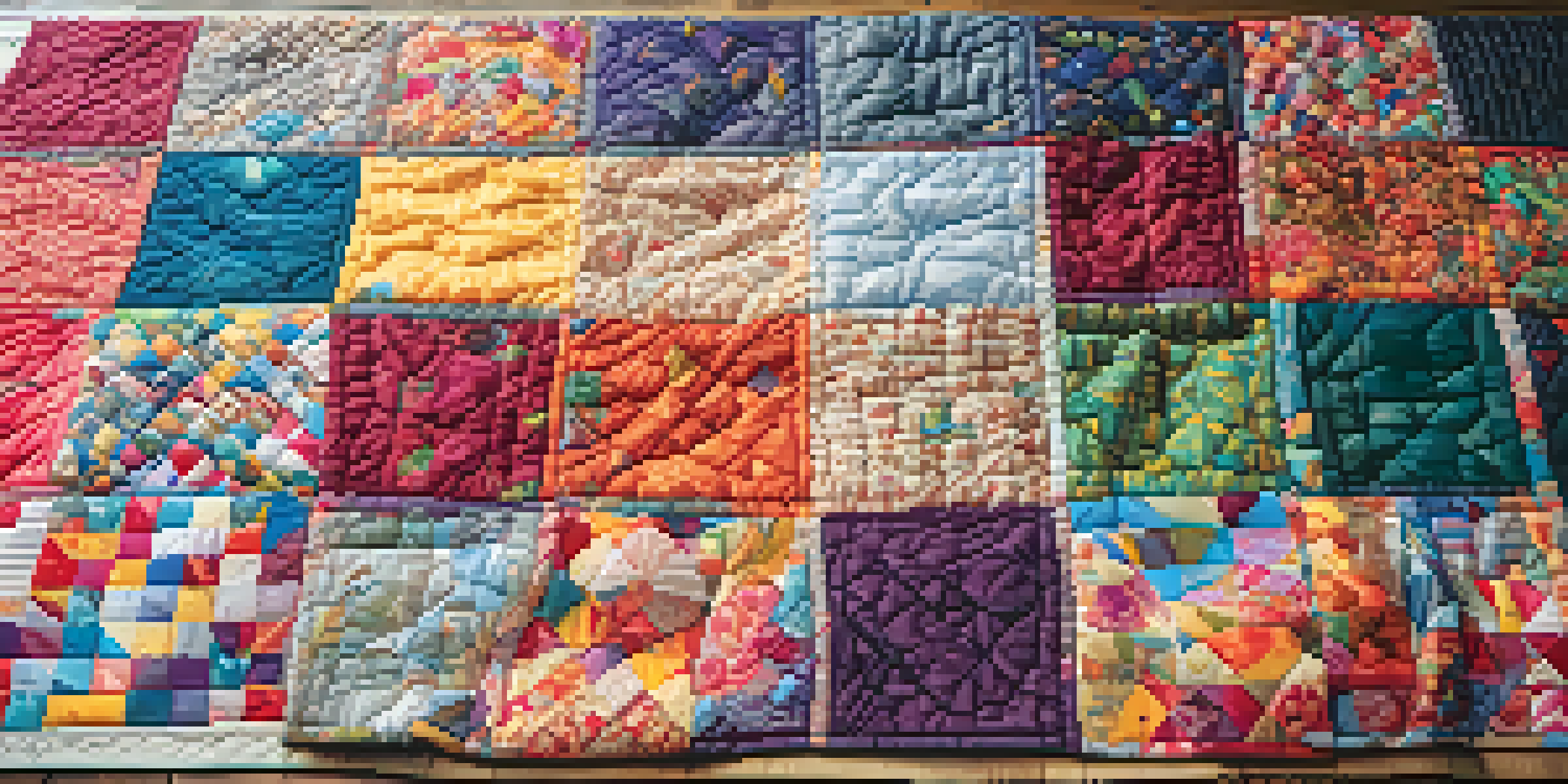 A colorful patchwork quilt made from upcycled fabric pieces, displayed on a wooden table with natural light illuminating its textures.