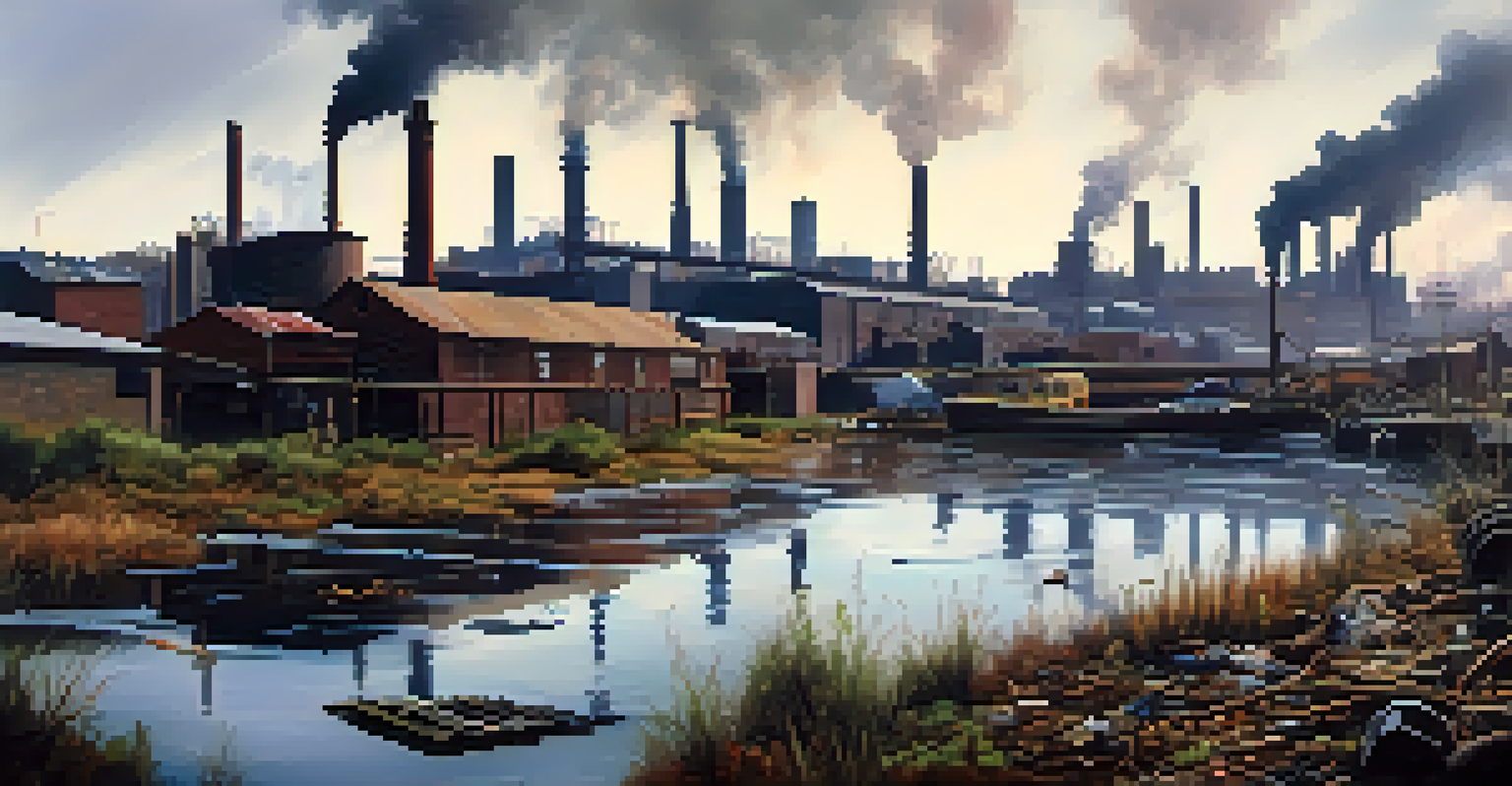 A polluted river with industrial factories in the background, showcasing the impact of the fashion industry.