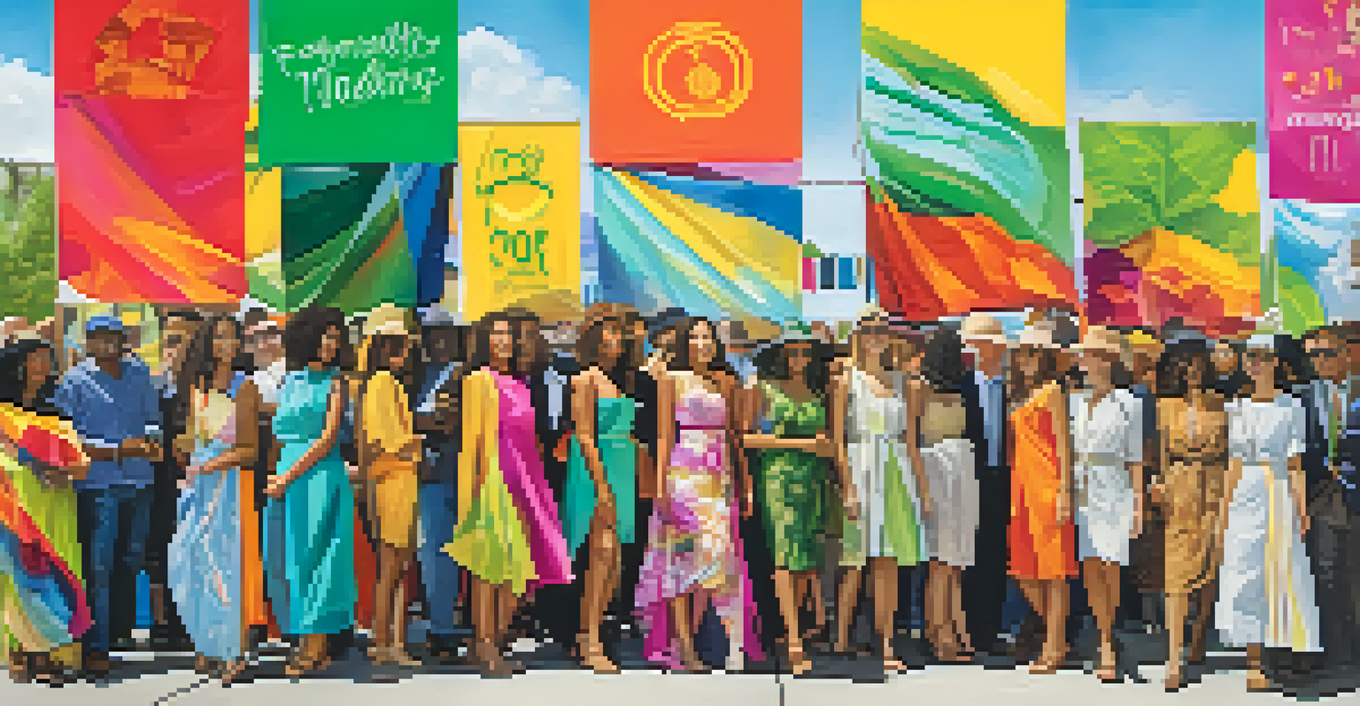 A diverse group of individuals at a sustainable fashion event, wearing eco-friendly outfits and engaging in conversation.