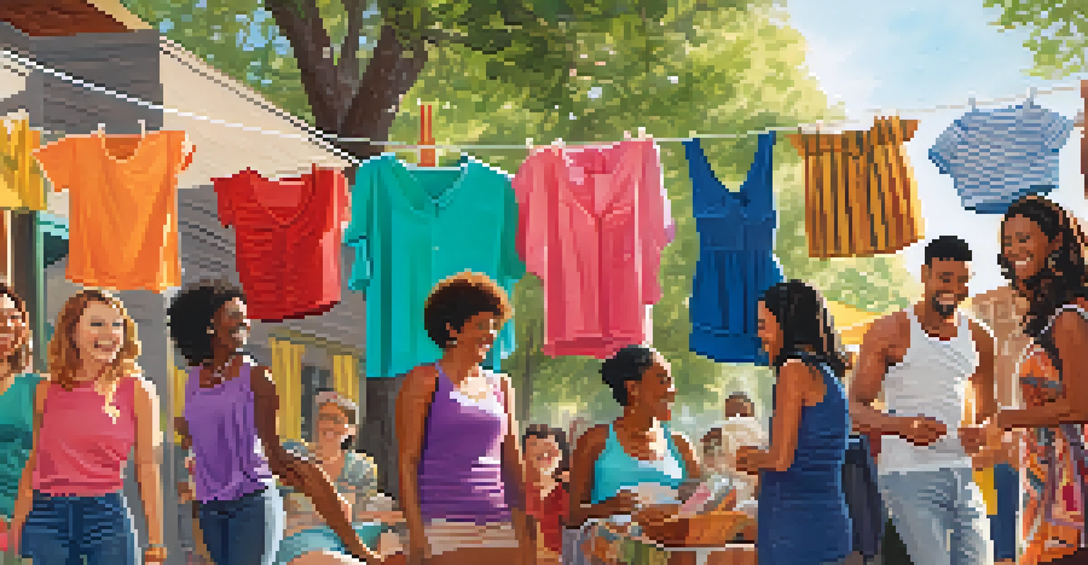 A diverse group of friends at a clothing swap event, surrounded by vibrant clothes and smiling faces.