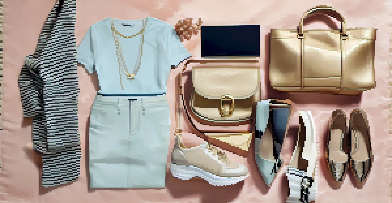 A flat lay of fashionable shoes, a handbag, and magazines on a textured fabric background, with soft pastel colors and natural lighting enhancing the details.