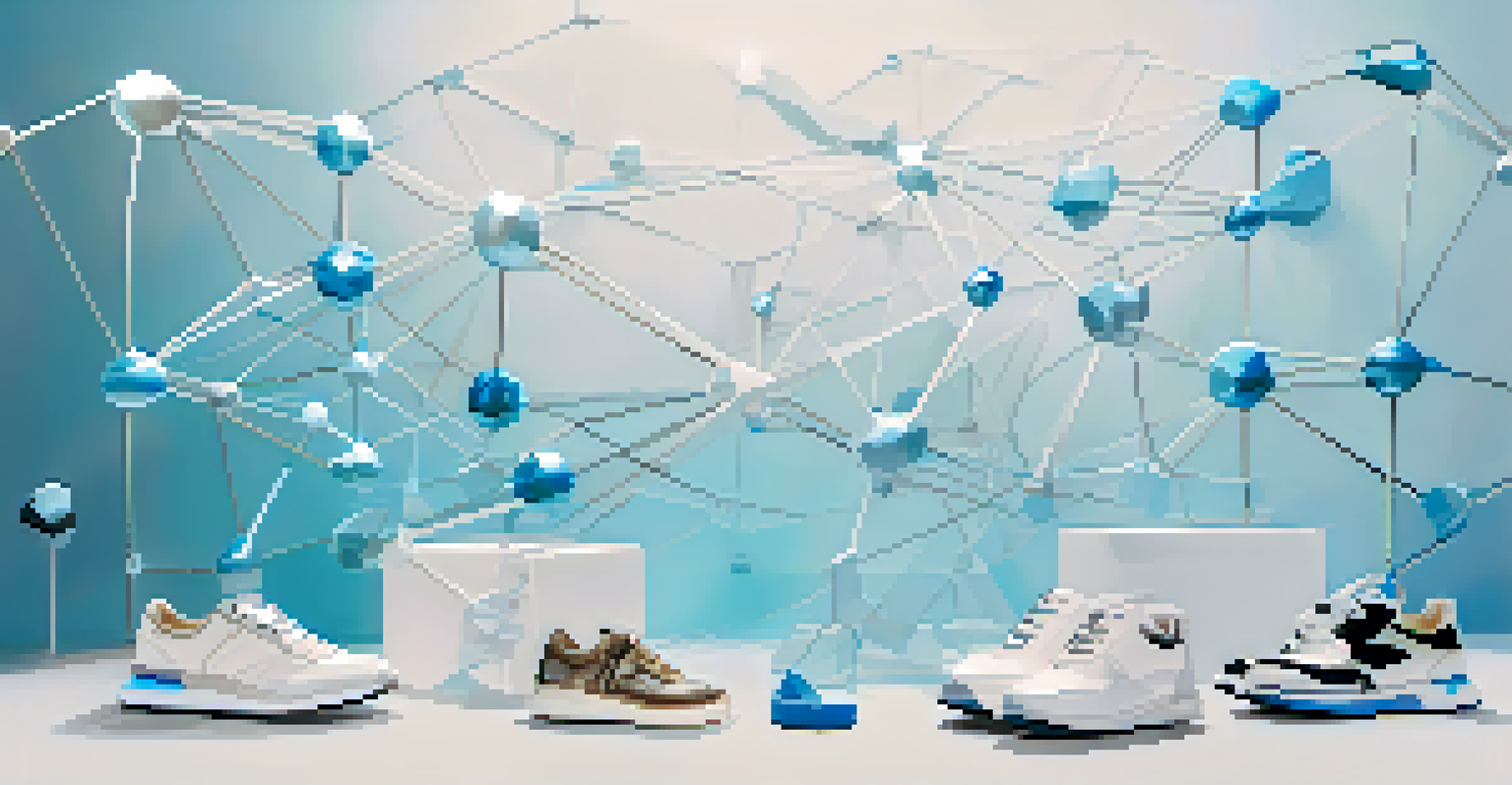 Artistic visualization of a blockchain network with fashion items connected at each node against a light blue gradient background.