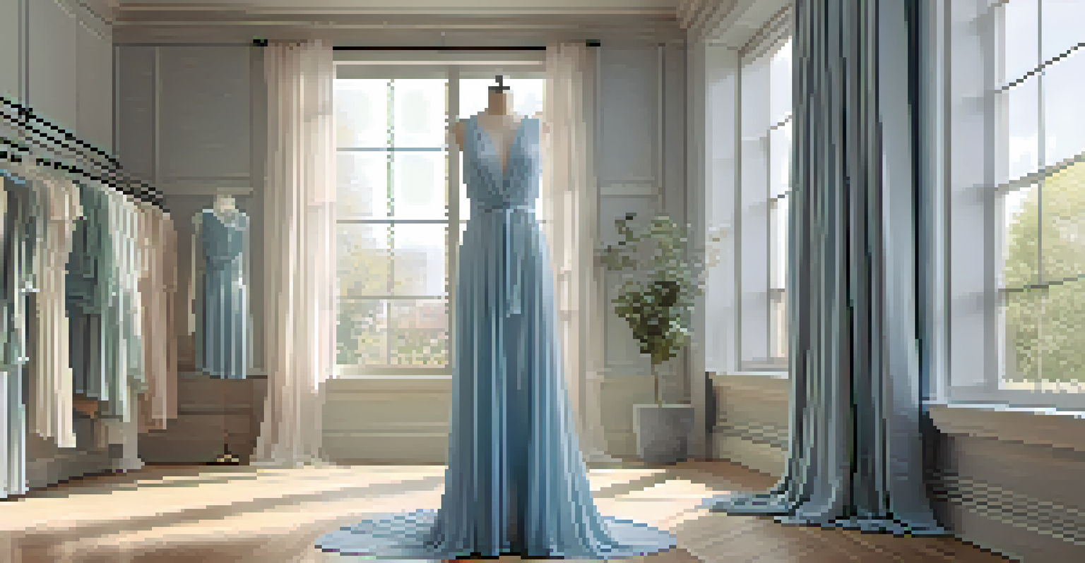 A soft blue dress displayed on a mannequin in a minimalist boutique, illuminated by natural light, creating a tranquil ambiance.