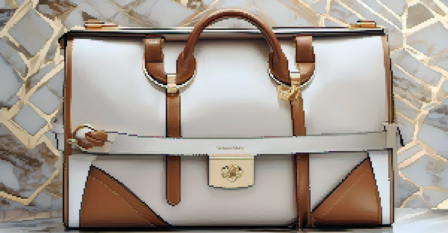 A close-up of a designer handbag on a marble surface, showcasing its high-quality leather texture and distinctive logo.