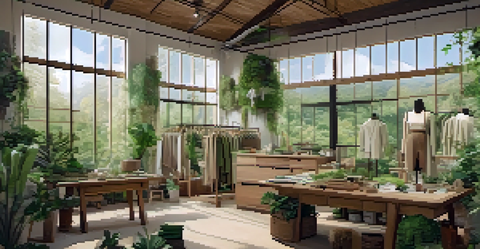 A sustainable fashion workshop made of recycled materials, surrounded by greenery, with artisans sewing eco-friendly garments.