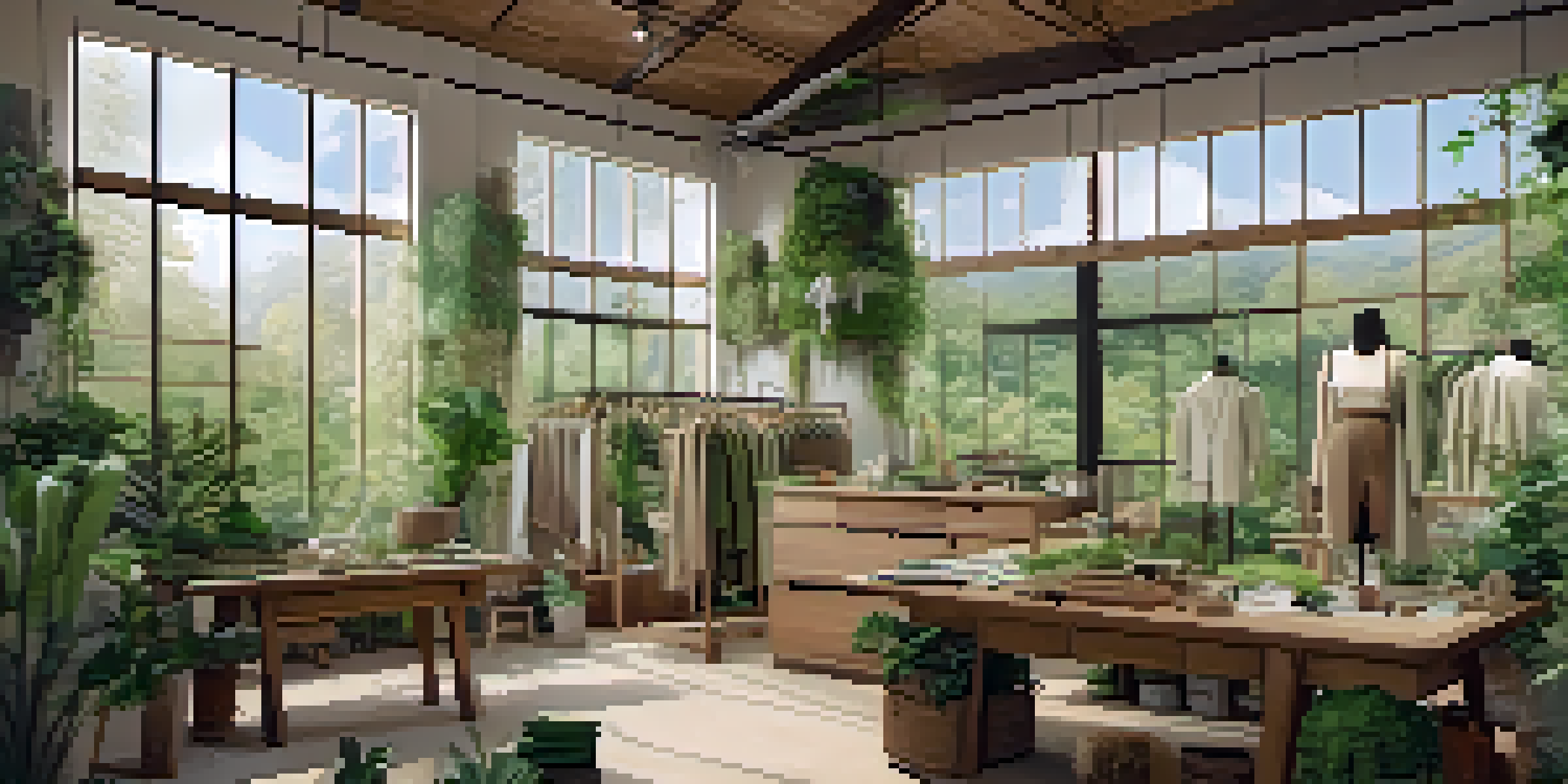 A sustainable fashion workshop made of recycled materials, surrounded by greenery, with artisans sewing eco-friendly garments.