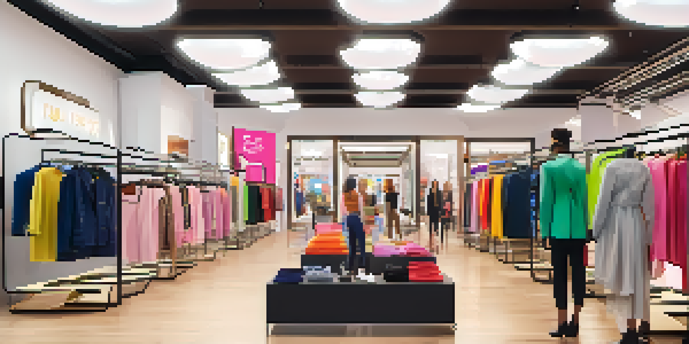 A vibrant fashion retail store where customers are engaging with augmented reality to virtually try on clothes, surrounded by colorful displays and clothing racks.
