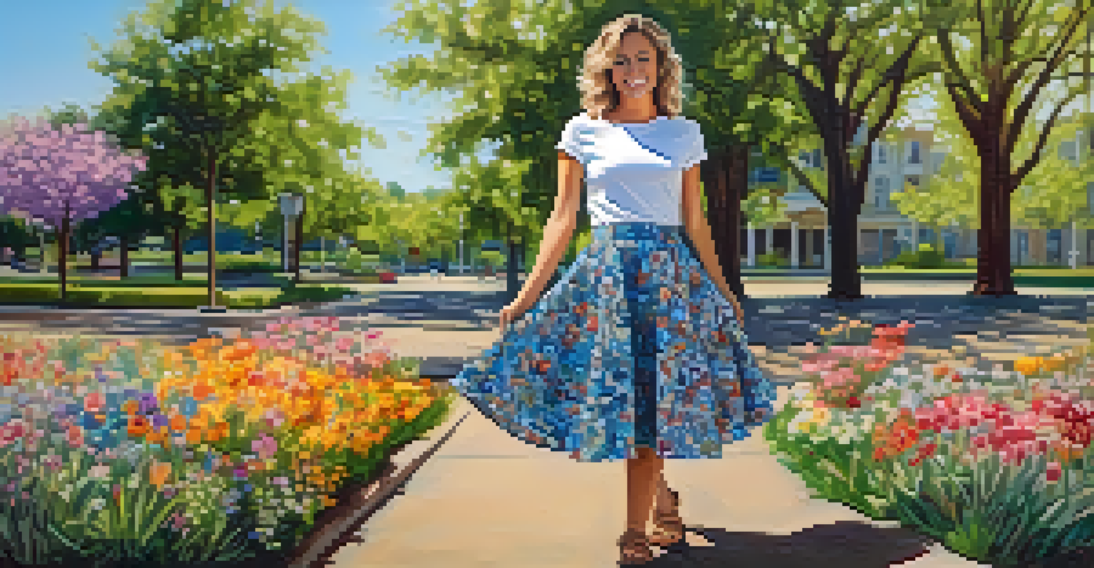 A person wearing a handmade skirt made from repurposed fabric in a sunny park, showcasing a joyful and unique DIY fashion style.