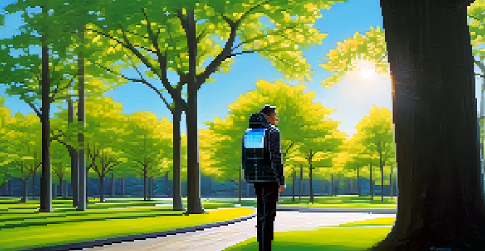 A person wearing a tech-infused jacket with solar panels, standing in a park with trees and a blue sky.