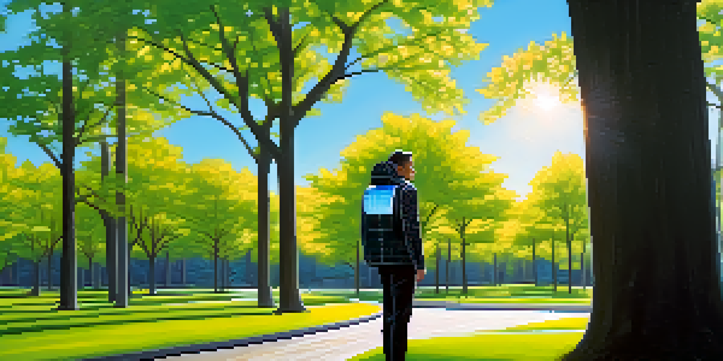 A person wearing a tech-infused jacket with solar panels, standing in a park with trees and a blue sky.