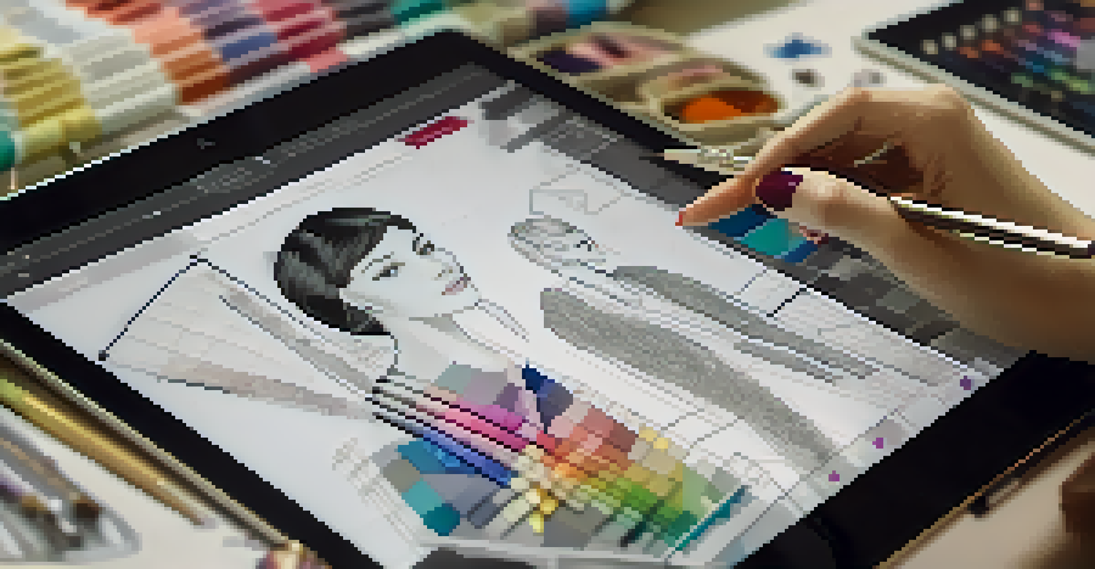 A close-up of a designer analyzing customer data on a tablet, surrounded by sketches and fabric swatches, capturing focus and detail.