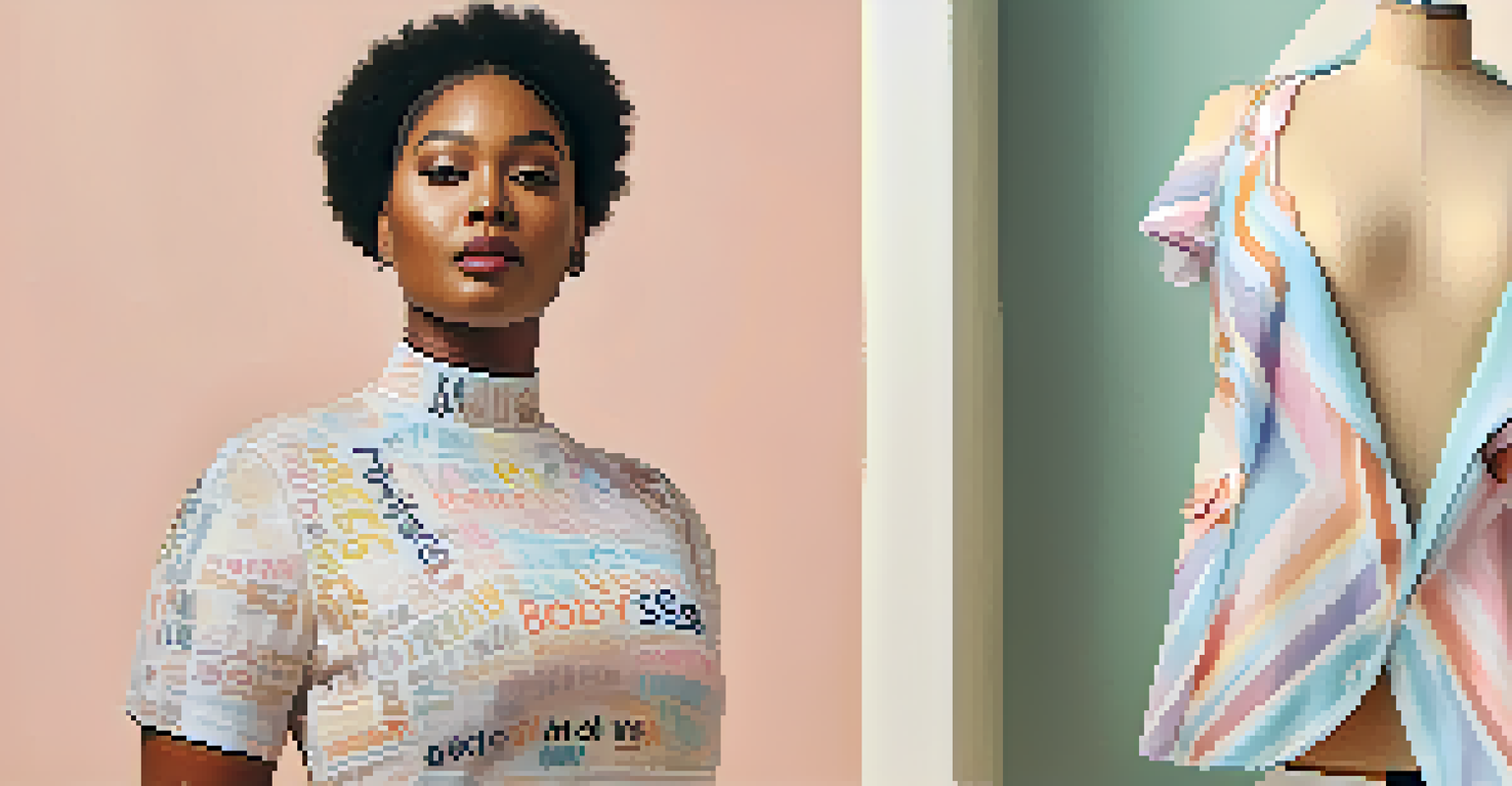 A mannequin in an inclusive outfit against a pastel background with quotes about self-acceptance.