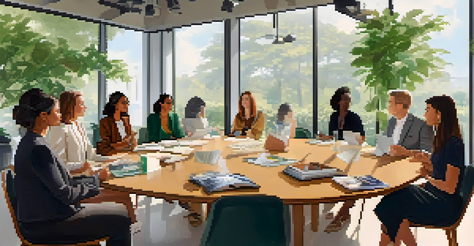 A roundtable discussion on sustainability in fashion with diverse experts seated around a modern table.