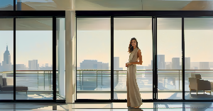 A fashion model in a minimalist outfit poses in front of a modern building with large glass windows, showcasing the intersection of fashion and architecture.