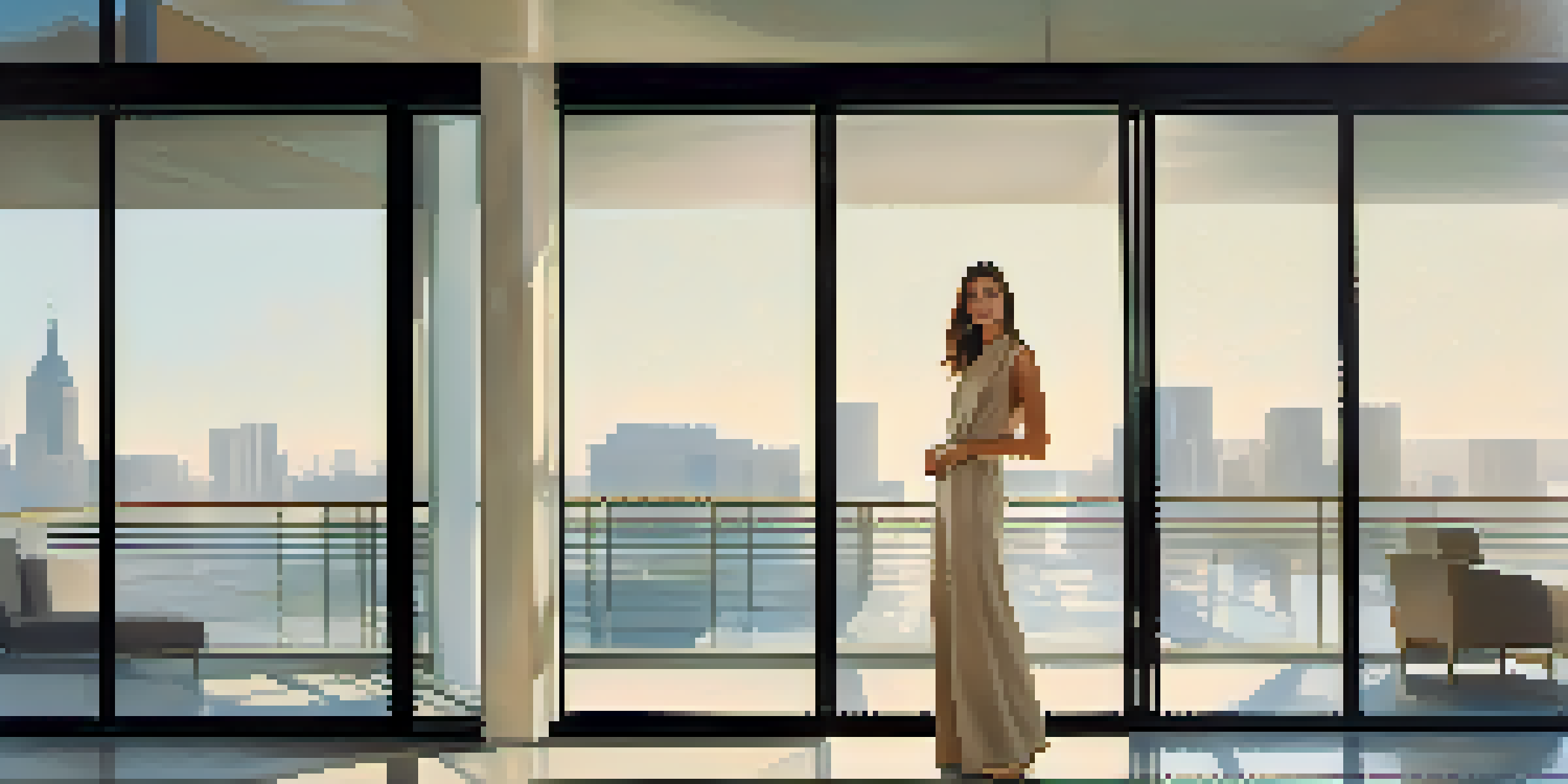 A fashion model in a minimalist outfit poses in front of a modern building with large glass windows, showcasing the intersection of fashion and architecture.