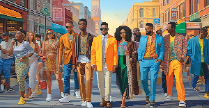 A colorful urban street scene with diverse individuals showcasing various unique fashion styles in bright colors during sunset.