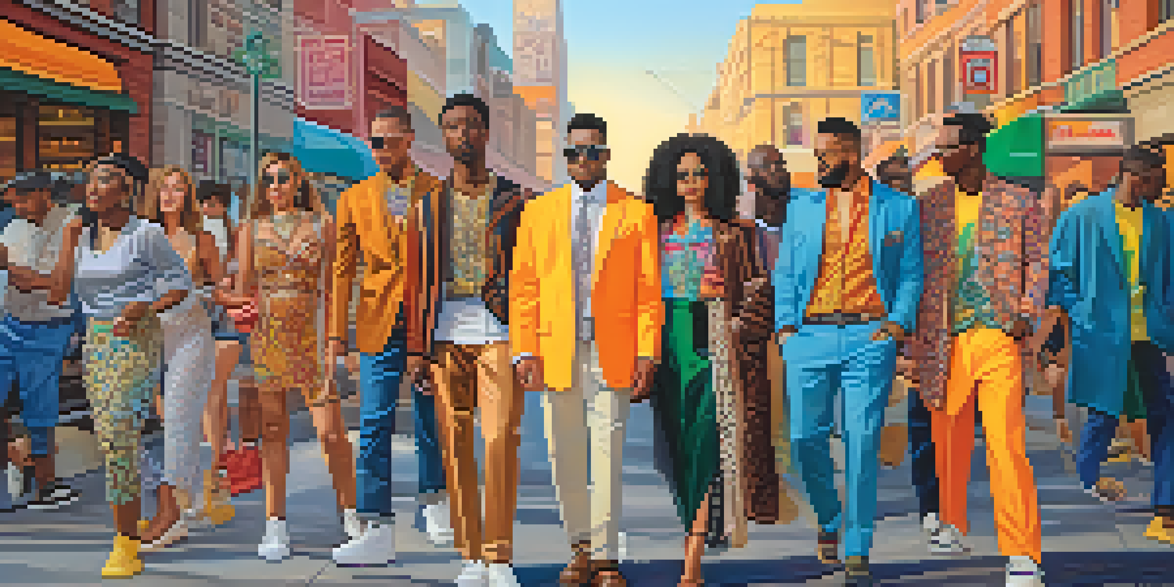 A colorful urban street scene with diverse individuals showcasing various unique fashion styles in bright colors during sunset.