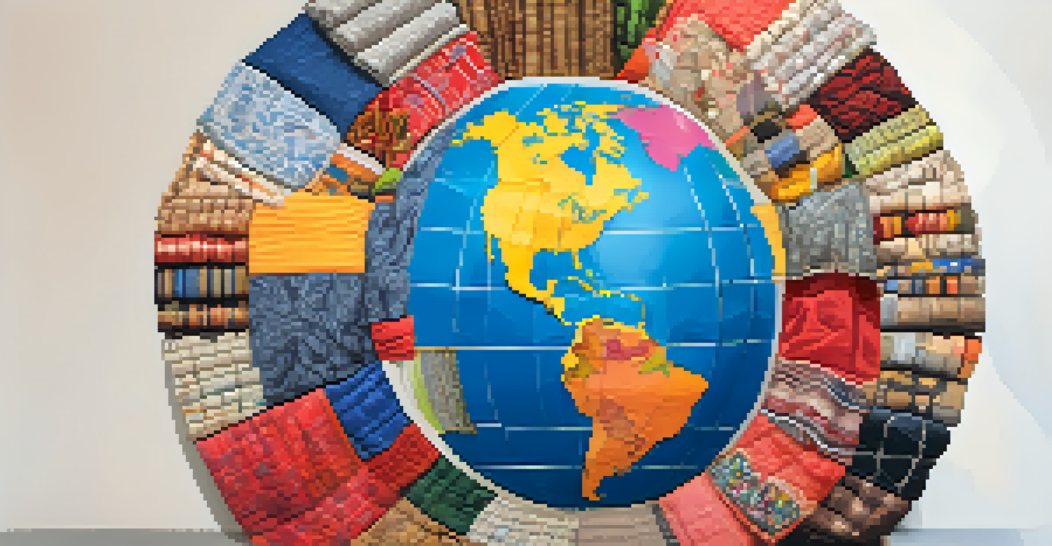 A globe made of various fabrics surrounded by icons of different countries, representing global fashion supply chains.
