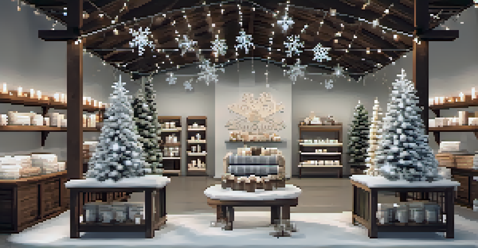 A winter-themed retail display featuring cozy blankets, snowflake decorations, and warm lighting, creating a comforting ambiance.