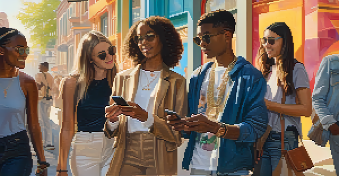 A lively street scene with diverse young adults discussing fashion while holding smartphones, surrounded by colorful murals and trendy shops, illuminated by warm sunlight.