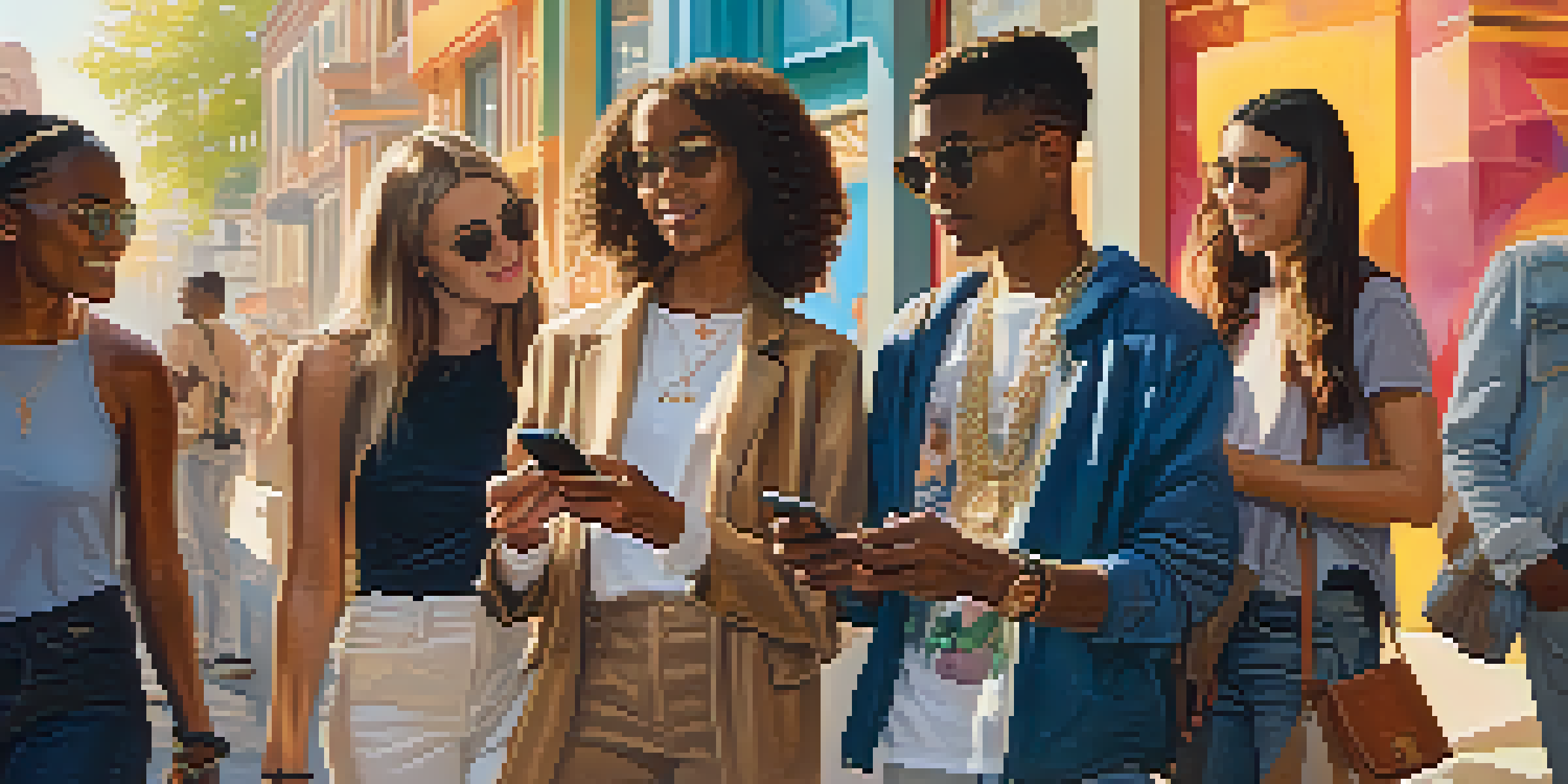 A lively street scene with diverse young adults discussing fashion while holding smartphones, surrounded by colorful murals and trendy shops, illuminated by warm sunlight.