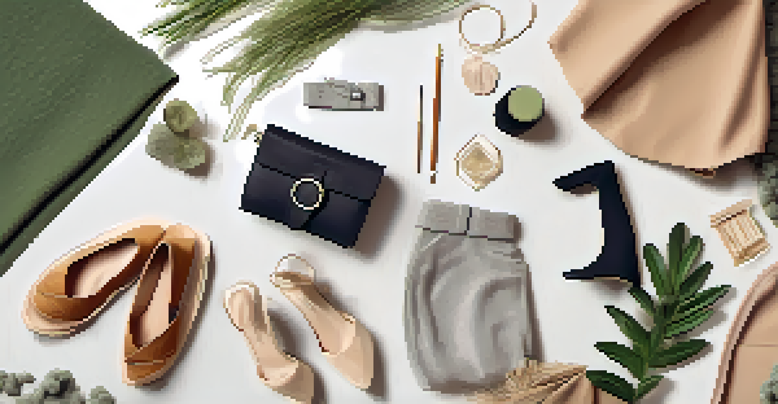 A flat lay of eco-friendly clothing and accessories with plants and textured background.