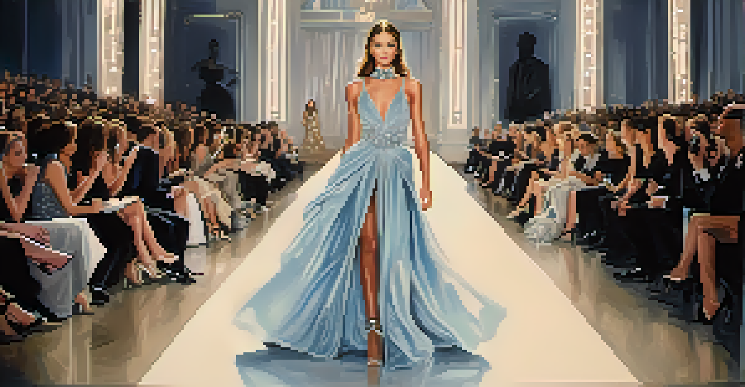 A celebrity walking down a fashion runway in an avant-garde gown during a fashion week event, with dramatic lighting and an engaged audience.