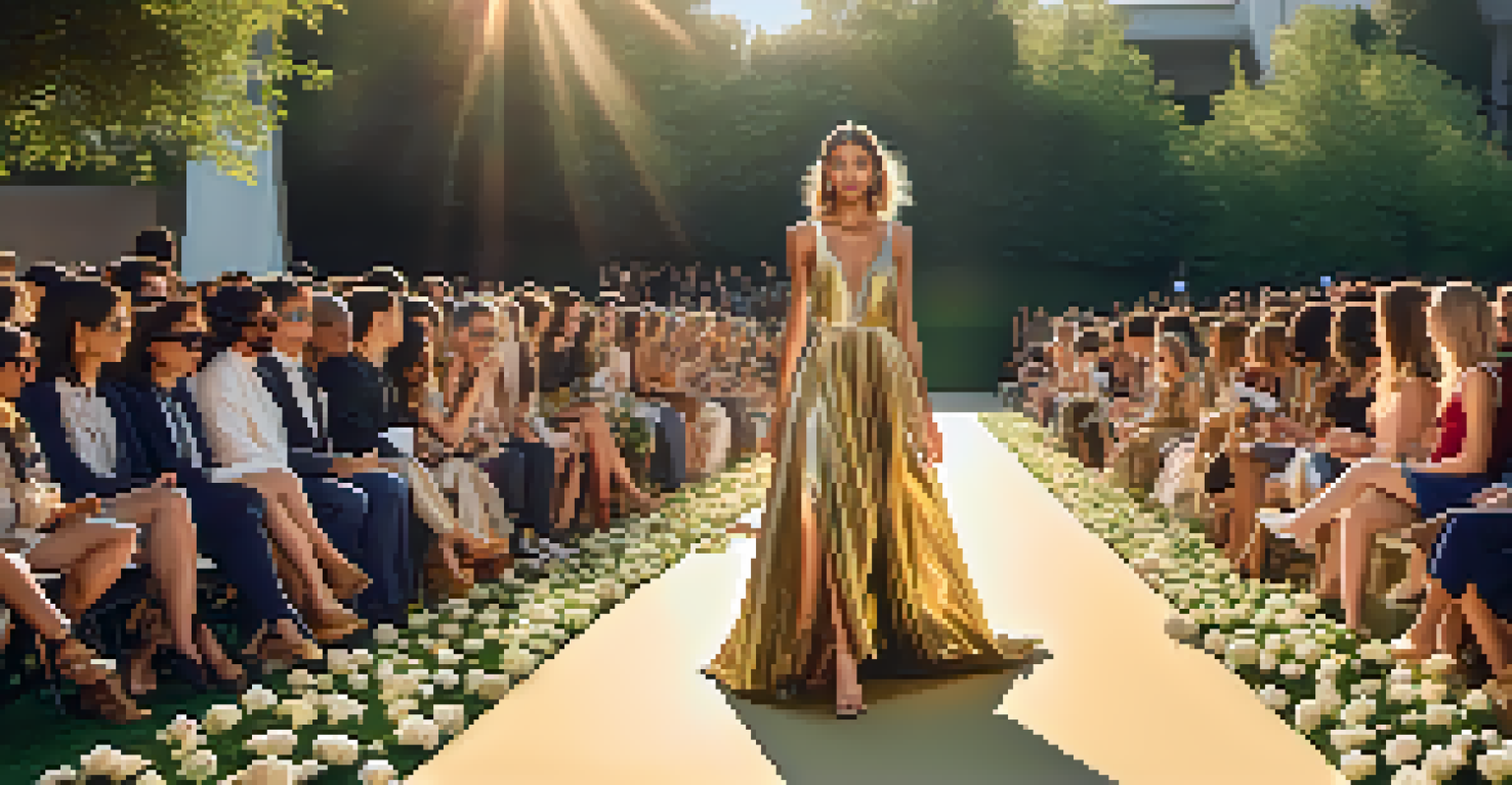 An outdoor fashion runway featuring diverse models in recycled clothing, with an engaged audience and warm golden hour lighting.