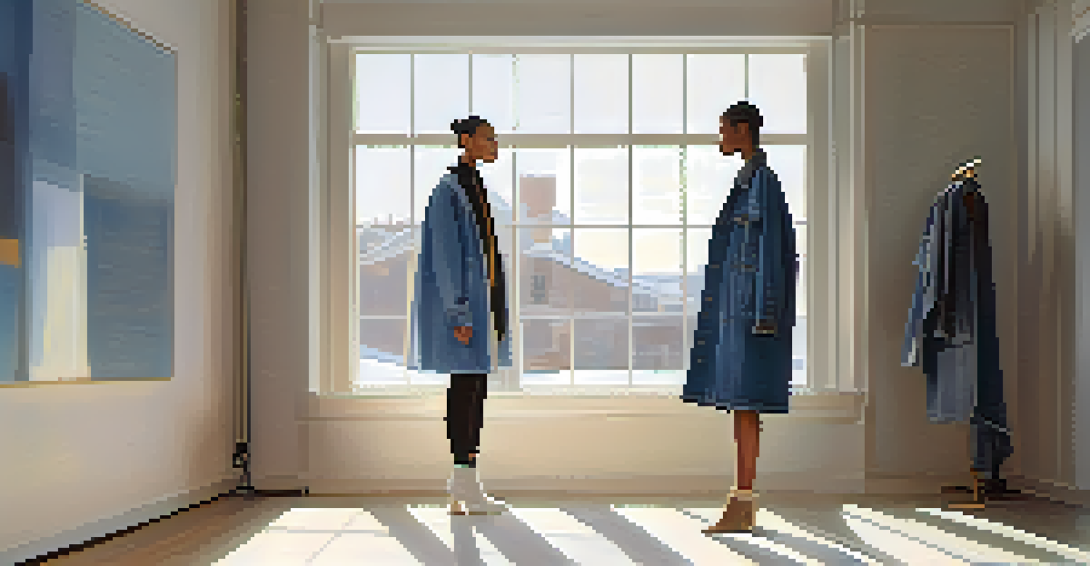 A model in a gender-neutral outfit in a minimalistic fashion studio with natural light highlighting the textures of the clothing.