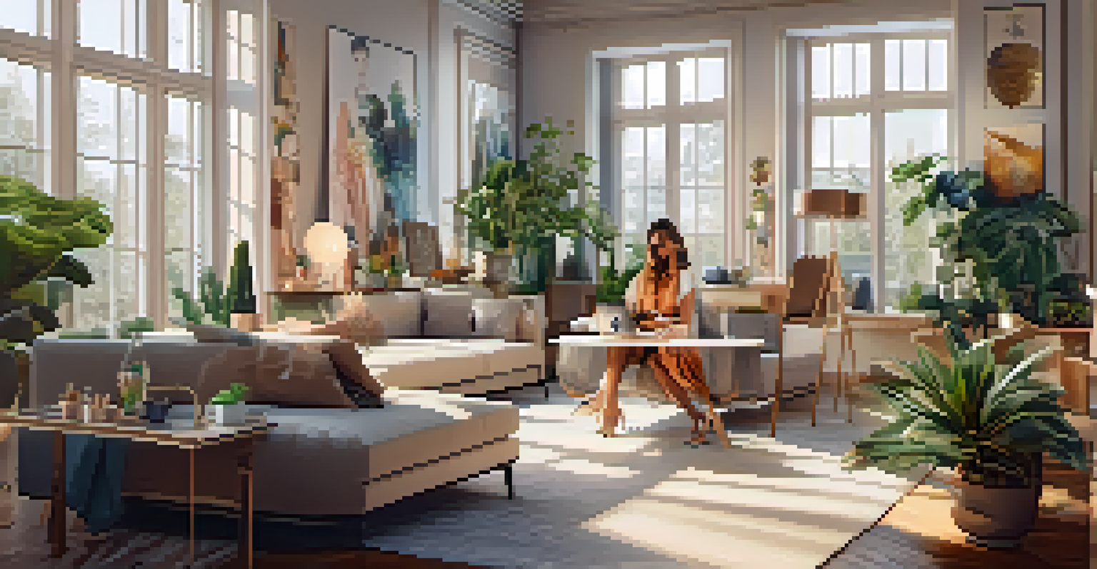 An elegant fashion influencer in a stylish living room, interacting with her audience through a live stream, surrounded by mood boards and plants.